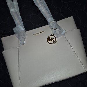 Michael Kors White Pebbled Leather Tote with Gold MK Charm